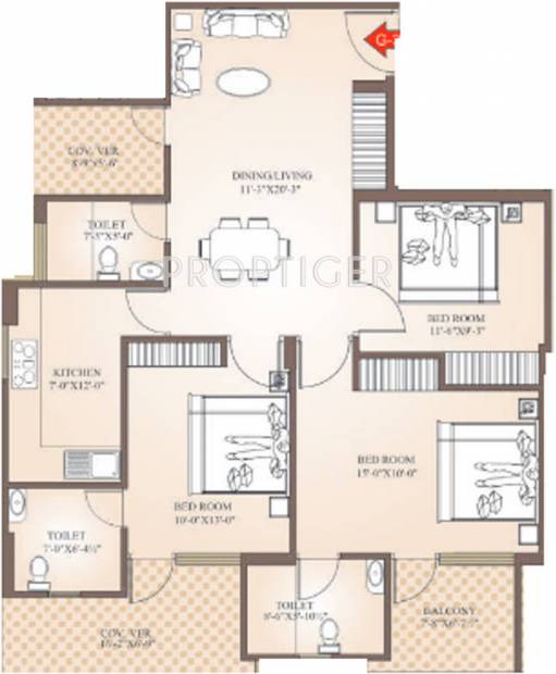 Balaji Dham Narayan Dham Residency Floor Plan (3BHK+3T (1,380 sq ft) 1380 sq ft)