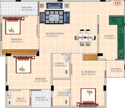 Balaji Dham Panchsheel Residency Floor Plan (3BHK+3T (1,320 sq ft) 1320 sq ft)