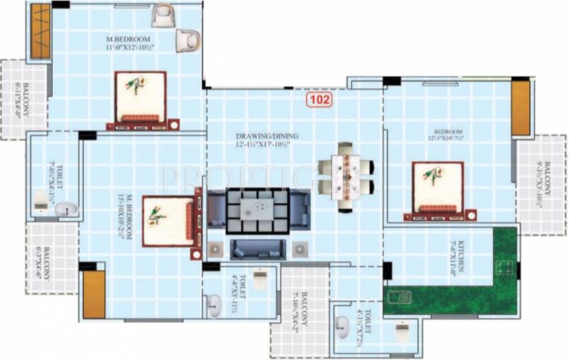 Balaji Dham Panchsheel Residency Floor Plan (3BHK+3T (1,345 sq ft) 1345 sq ft)