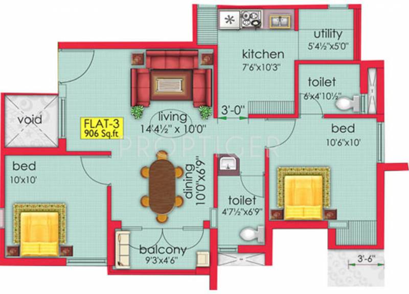 Whitehouse Residencies Rithanya Enclave Floor Plan (2BHK+2T (906 sq ft) 906 sq ft)