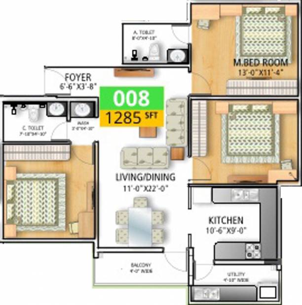 Soundarya Paradise (3BHK+2T (1,285 sq ft) 1285 sq ft)