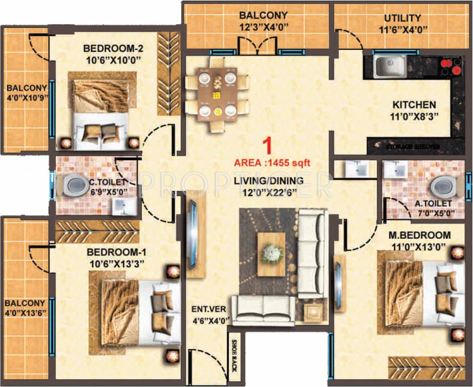 MBR Scapple (3BHK+2T (1,455 sq ft) 1455 sq ft)