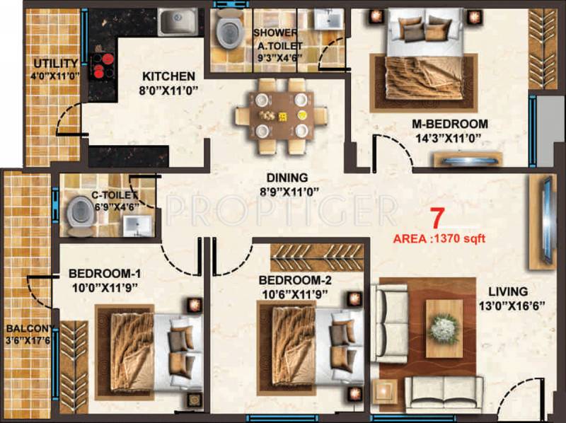 MBR Scapple (3BHK+2T (1,370 sq ft) 1370 sq ft)