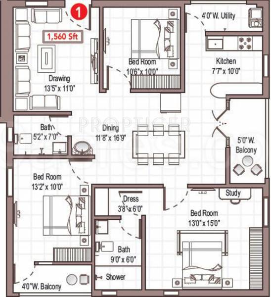 Anantha Magnolia (3BHK+2T (1,560 sq ft) 1560 sq ft)