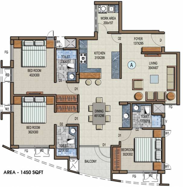 KCC Homes Spring Dale Floor Plan (3BHK+3T (1,450 sq ft) 1450 sq ft)