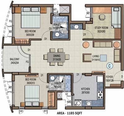 Floor Plan (2BHK+2T (1,185 sq ft) + Study Room 1185 sq ft) KCC Homes Spring Dale Floor Plan (2BHK+2T (1,185 sq ft) + Study Room 1185 sq ft)