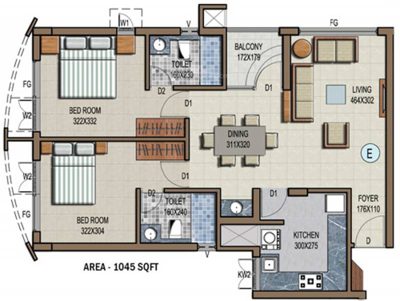 KCC Homes Spring Dale Floor Plan (2BHK+2T (1,045 sq ft) 1045 sq ft)