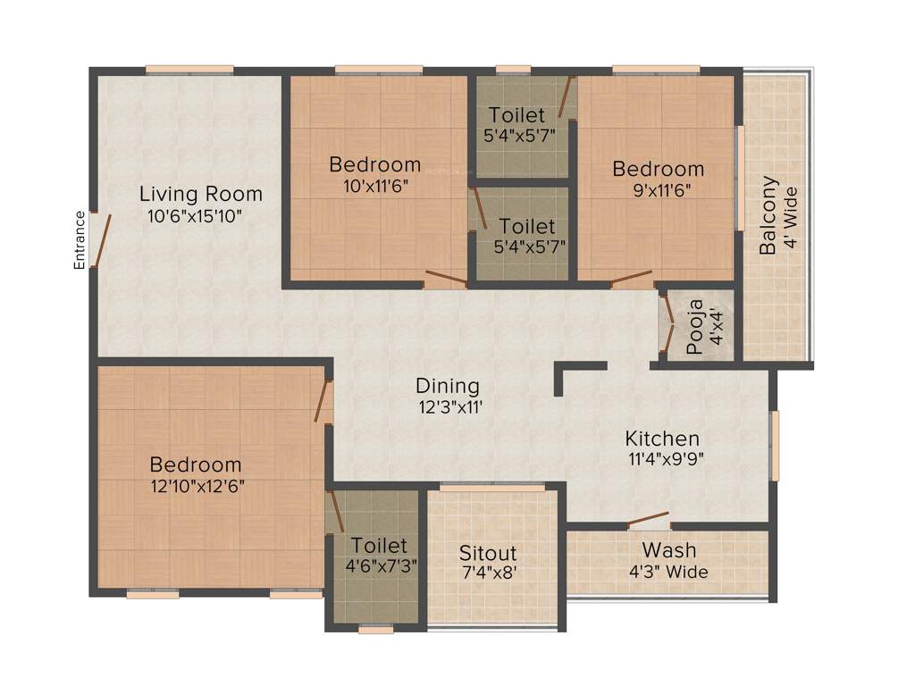 Aryamitra Trenton Park (3BHK+3T (1,538 sq ft)   Pooja Room 1538 sq ft)