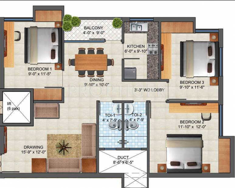 Madhusudan Builders Narayan Complex Floor Plan (3BHK+3T (1,070 sq ft) 1070 sq ft)
