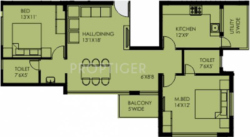 Mugrody Enclave Floor Plan (2BHK+2T (1,285 sq ft) 1285 sq ft)
