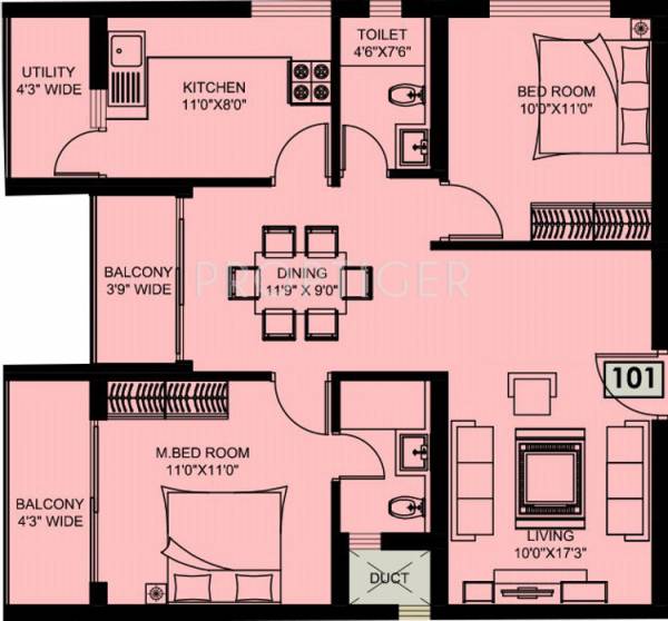 Bhandary Pacific Floor Plan (2BHK+2T (1,100 sq ft) 1100 sq ft)