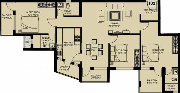 Bhandary Pacific Floor Plan (3BHK+3T (1,570 sq ft) 1570 sq ft)
