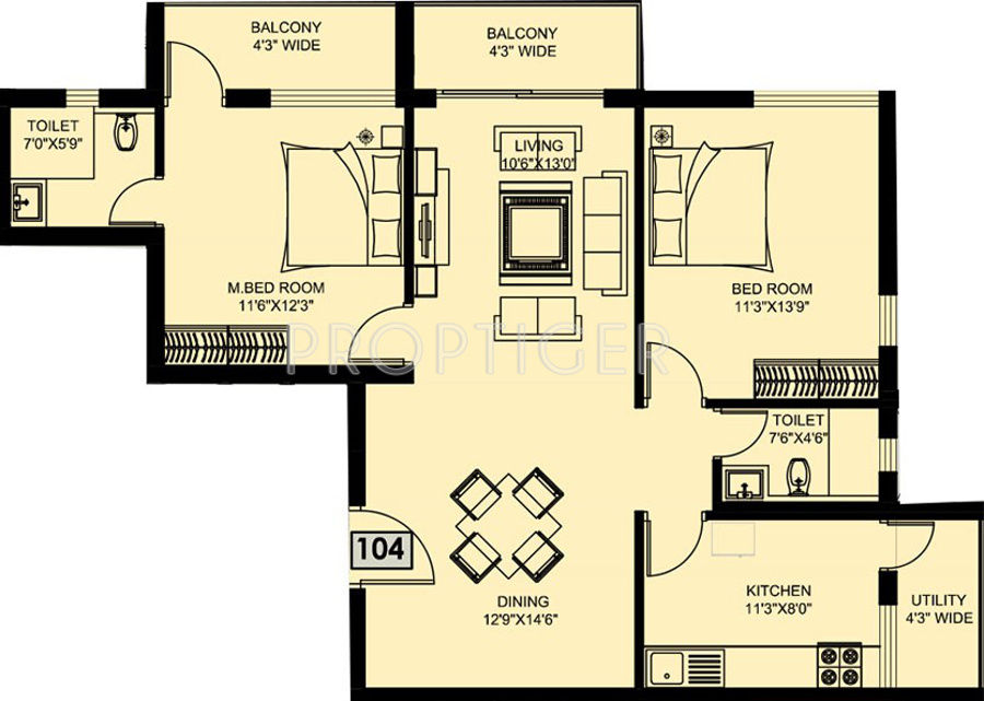 Floor Plan (2BHK+2T (1,268 sq ft) 1268 sq ft) Bhandary Pacific Floor Plan (2BHK+2T (1,268 sq ft) 1268 sq ft)