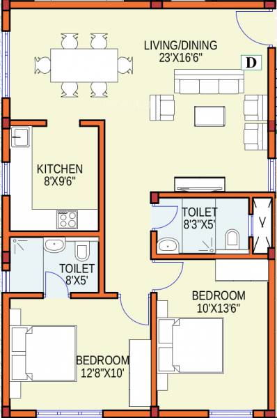 Floor Plan (2BHK+2T (904 sq ft) 904 sq ft) Foundations Prakruthi Floor Plan (2BHK+2T (904 sq ft) 904 sq ft)