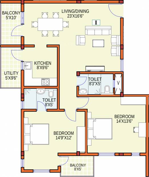 Foundations Prakruthi Floor Plan (2BHK+2T (1,089 sq ft) 1089 sq ft)