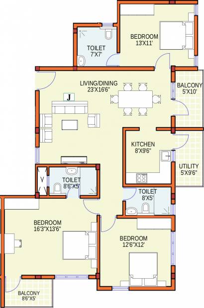 Foundations Prakruthi Floor Plan (3BHK+3T (1,302 sq ft) 1302 sq ft)