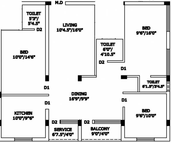 Navaneetha Square Floor Plan (3BHK+3T (1,275 sq ft) 1275 sq ft)