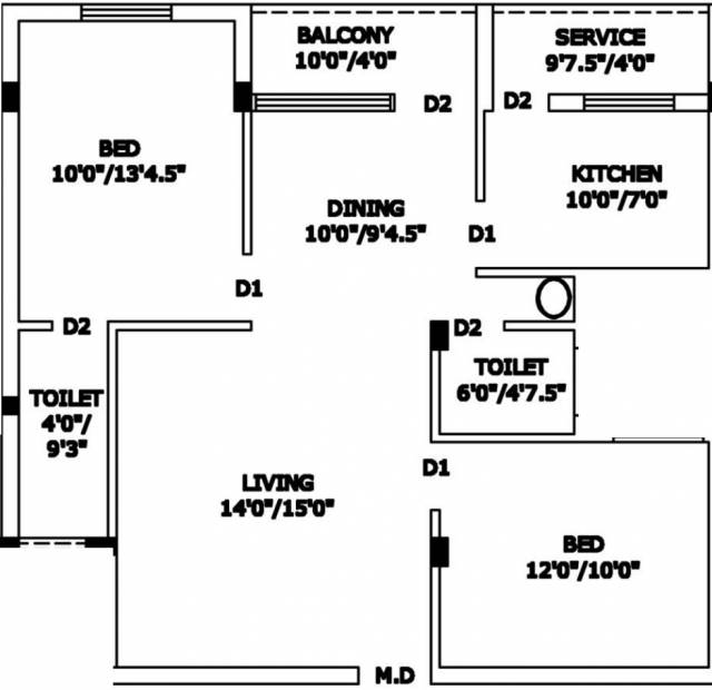 Navaneetha Square Floor Plan (2BHK+2T (1,005 sq ft) 1005 sq ft)