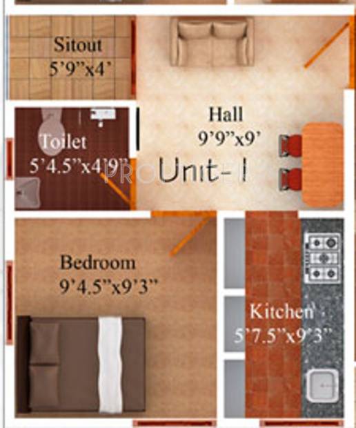 Malar Sri Rajarajeshwari Apartments Floor Plan (1BHK+1T (354 sq ft) 354 sq ft)