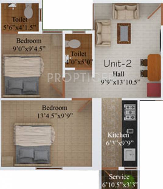 Malar Sri Rajarajeshwari Apartments Floor Plan (2BHK+2T (596 sq ft) 596 sq ft)