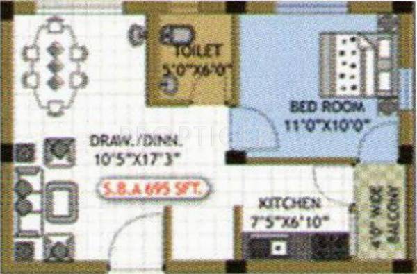 P Cube Builders Residency Floor Plan (1BHK+1T (695 sq ft) 695 sq ft)