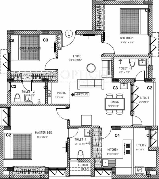Ganesh Builder Rishaba Residency Floor Plan (3BHK+3T (1,343 sq ft) 1343 sq ft)