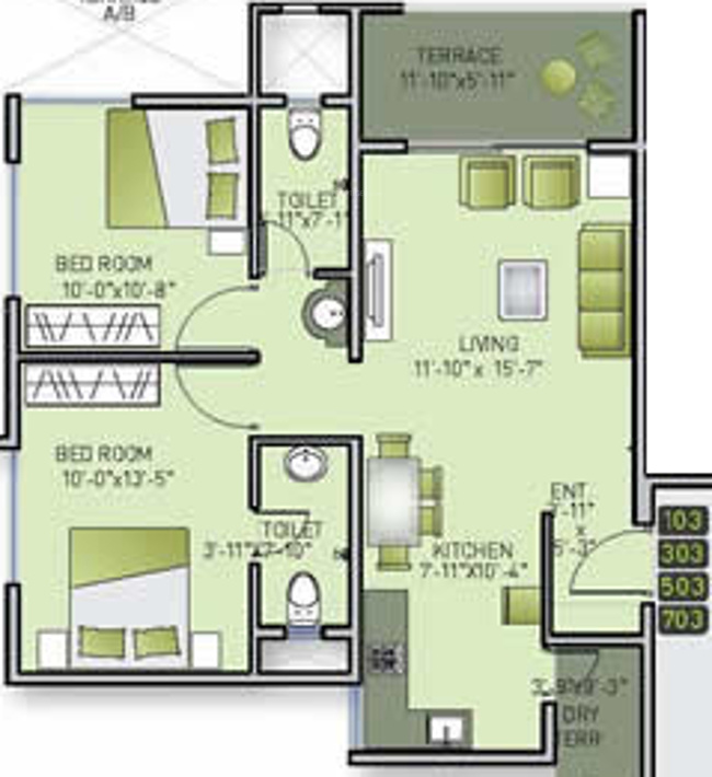 Anshul Ela (2BHK+2T (941 sq ft) 941 sq ft)