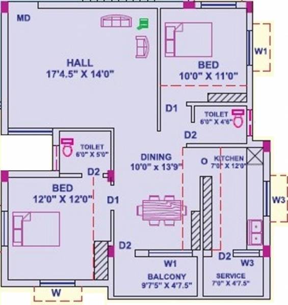 AL Housing Brindavanam Floor Plan (2BHK+2T (1,085 sq ft) 1085 sq ft)
