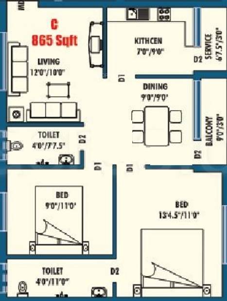 Sri Vasavi Anugraha Floor Plan (2BHK+2T (865 sq ft) 865 sq ft)