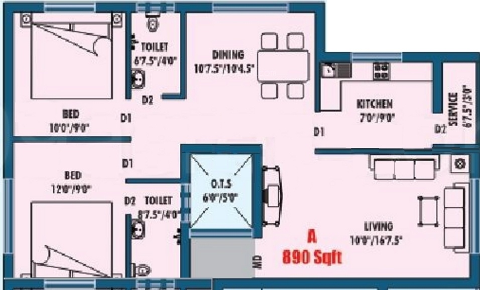 Floor Plan (2BHK+2T (890 sq ft) 890 sq ft) Sri Vasavi Anugraha Floor Plan (2BHK+2T (890 sq ft) 890 sq ft)