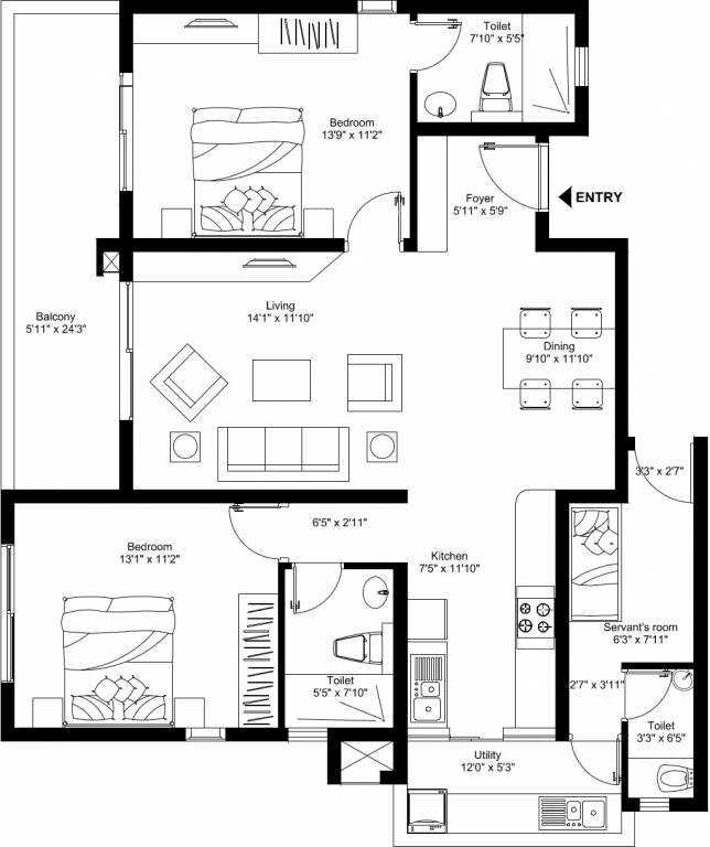 Brigade Serenity (2BHK+3T (1,540 sq ft) + Servant Room 1540 sq ft) Brigade Serenity (2BHK+3T (1,540 sq ft) + Servant Room 1540 sq ft)
