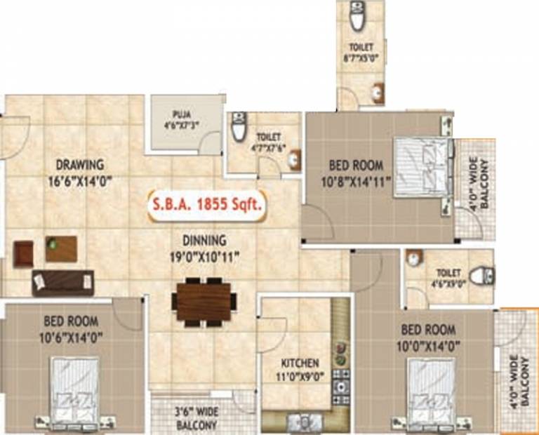 Khushi Prestige (3BHK+3T (1,855 sq ft) + Pooja Room 1855 sq ft)