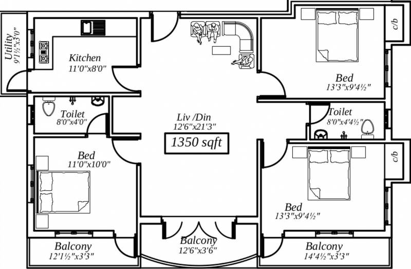 Suprabhatham Lakshmi Nager (3BHK+2T (1,350 sq ft) 1350 sq ft)