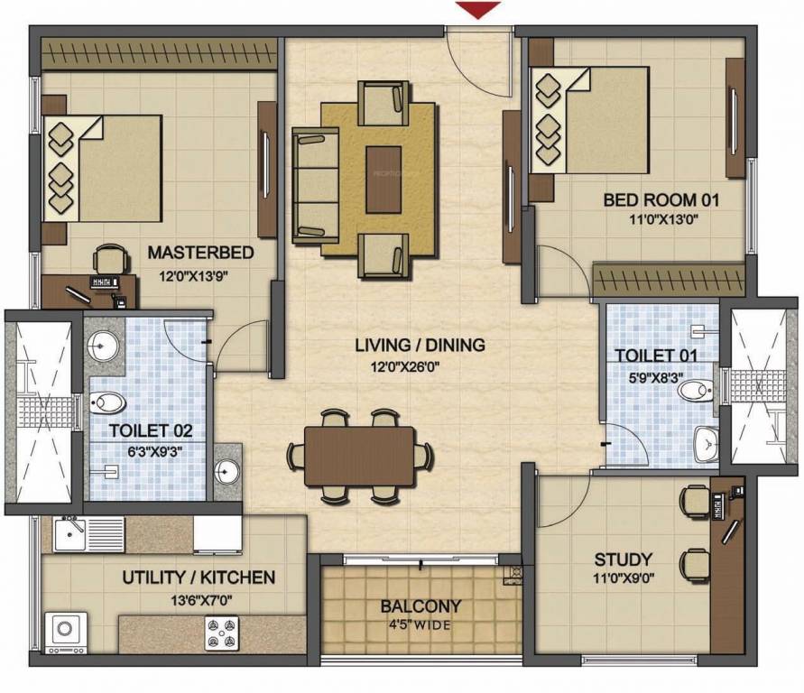 Prestige High Fields (2BHK+2T (1,492 sq ft) Study Room 1492 sq ft)