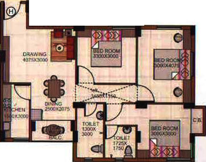 Satyam Engineers and Developers Tower Floor Plan (3BHK+2T (1,097 sq ft) 1097 sq ft)