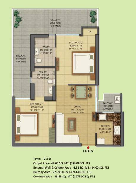 Gaursons 7th Avenue (2BHK+2T (1,075 sq ft) 1075 sq ft)