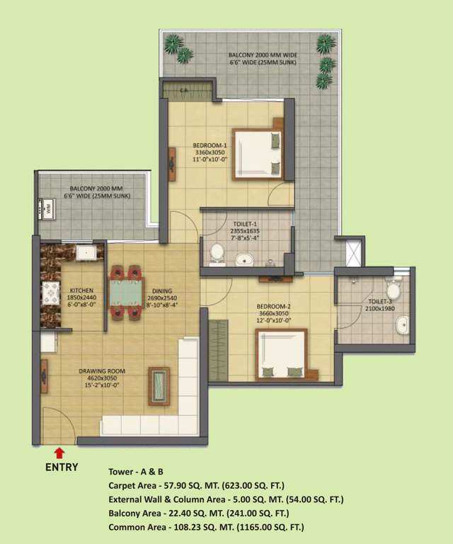 Gaursons 7th Avenue (2BHK+2T (1,165 sq ft) 1165 sq ft)