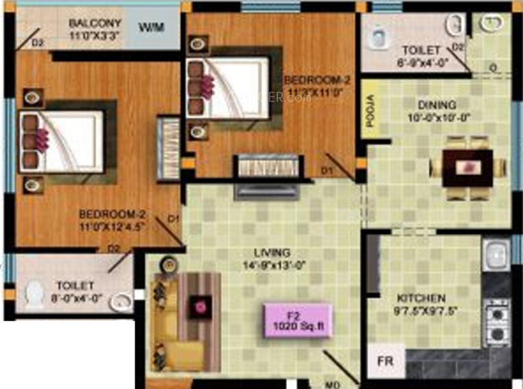 Aditya Srinivas Srichakra (2BHK+2T (1,020 sq ft) 1020 sq ft)