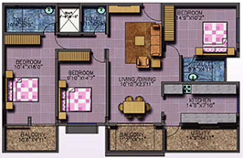Prithvi Homes Thirumala Blossoms Floor Plan (3BHK+3T (1,650 sq ft) 1650 sq ft)