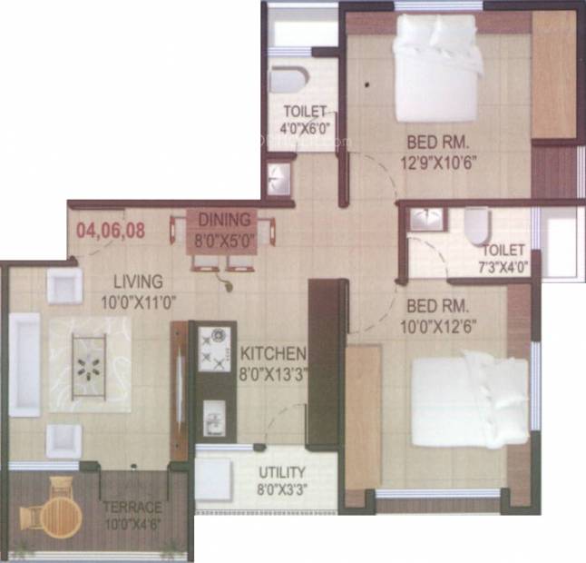 SM SKY One (2BHK+2T (833 sq ft) 833 sq ft)