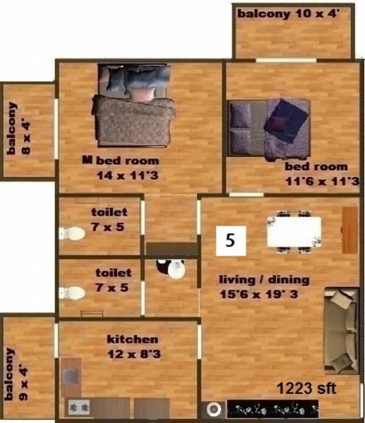 Venkatasai Land Ridge Floor Plan (2BHK+2T (1,223 sq ft) 1223 sq ft)