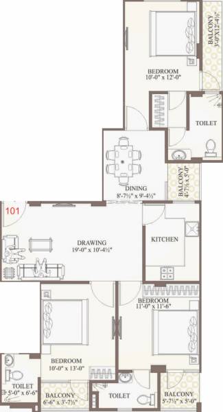 Uttam Group Shiv Floor Plan (3BHK+3T (1,451 sq ft) 1451 sq ft)