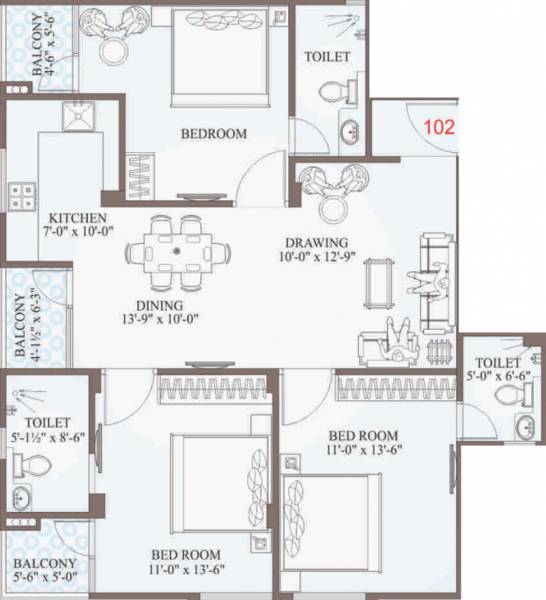 Uttam Group Shiv Floor Plan (3BHK+3T (1,408 sq ft) 1408 sq ft)
