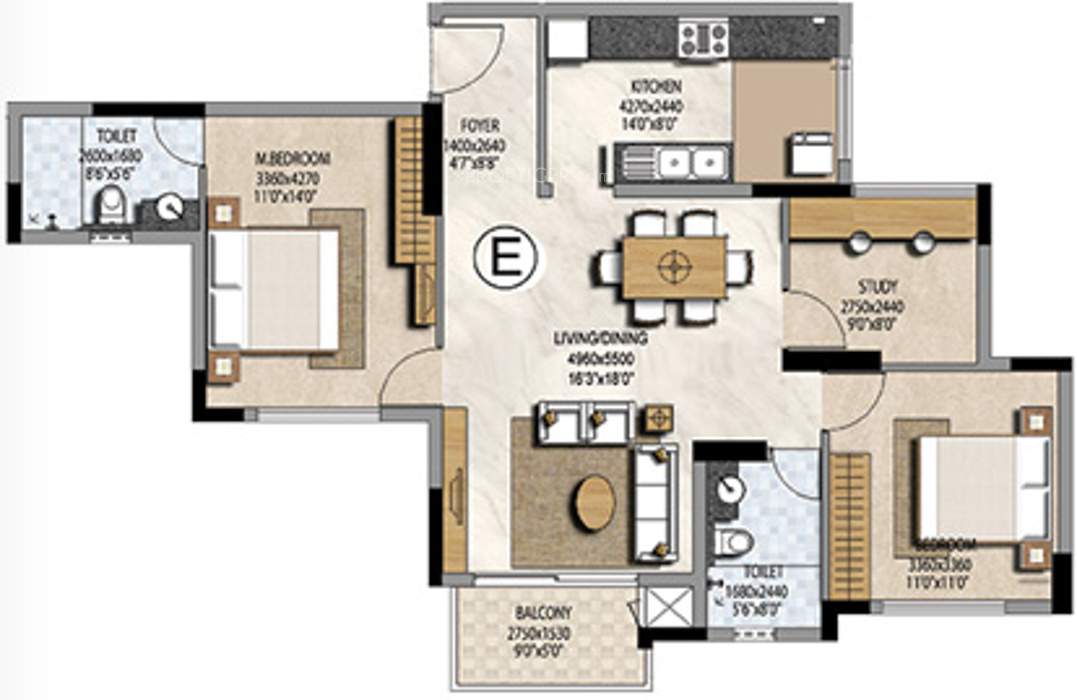 Prestige Misty Waters (2BHK+2T (1,294 sq ft) + Study Room 1294 sq ft)