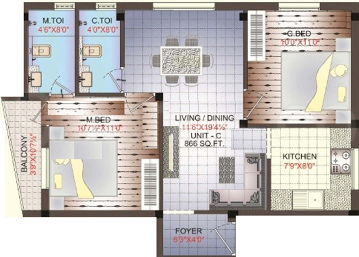 Floor Plan (2BHK+2T (886 sq ft) 886 sq ft) Annai Sai Realty Thejus Phase II Floor Plan (2BHK+2T (886 sq ft) 886 sq ft)