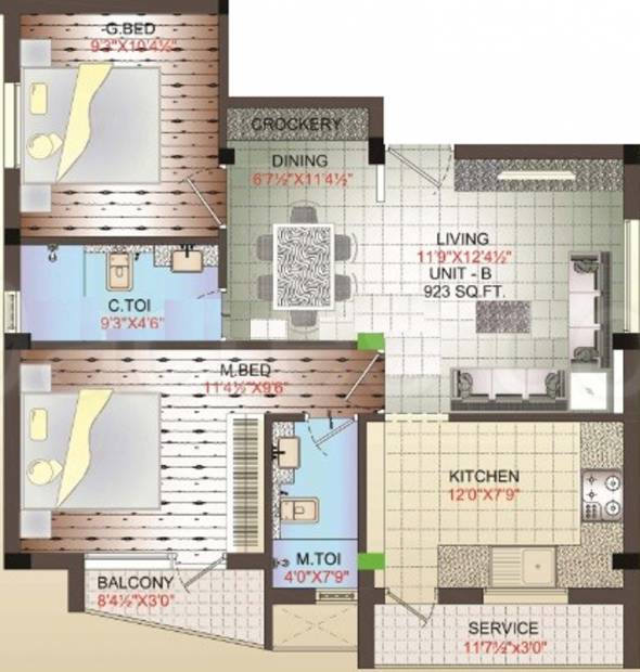 Annai Sai Realty Thejus Phase II Floor Plan (2BHK+2T (923 sq ft) 923 sq ft)