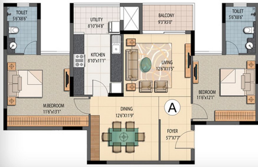 Prestige Sunnyside (2BHK+2T (1,294 sq ft) 1294 sq ft)