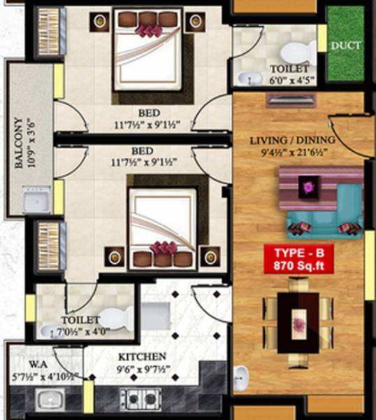 PET Thangam Flats Floor Plan (2BHK+2T (870 sq ft) 870 sq ft)