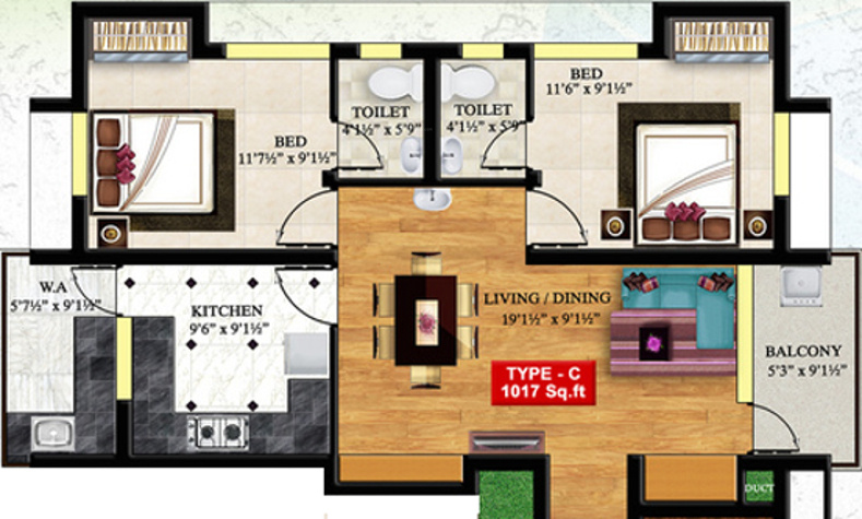 PET Thangam Flats Floor Plan (2BHK+2T (1,017 sq ft) 1017 sq ft)