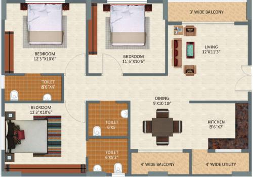 keystones AVSR Sky Court (3BHK+3T (1,404 sq ft) 1404 sq ft)